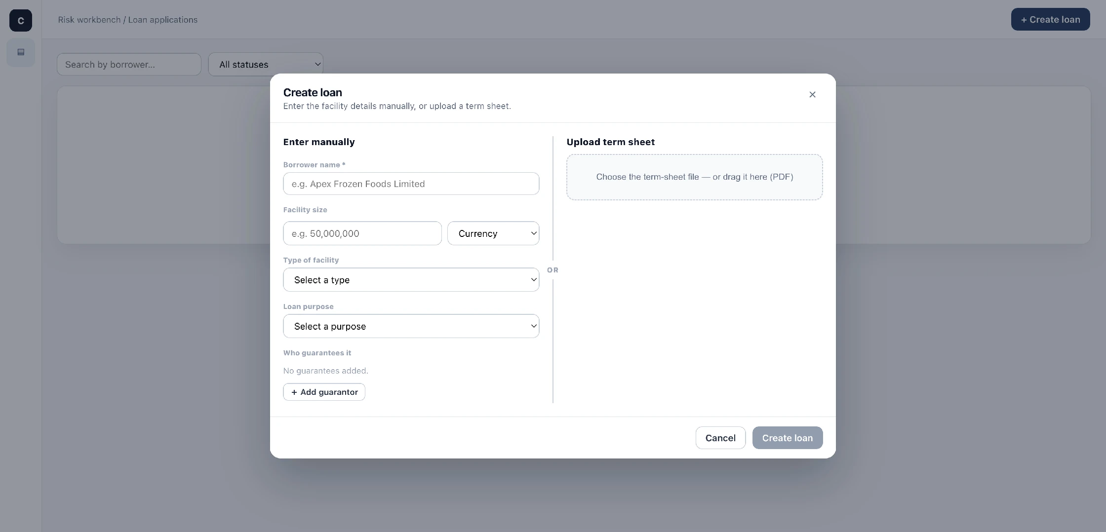CreditFrame create loan dialog with manual entry and term-sheet upload